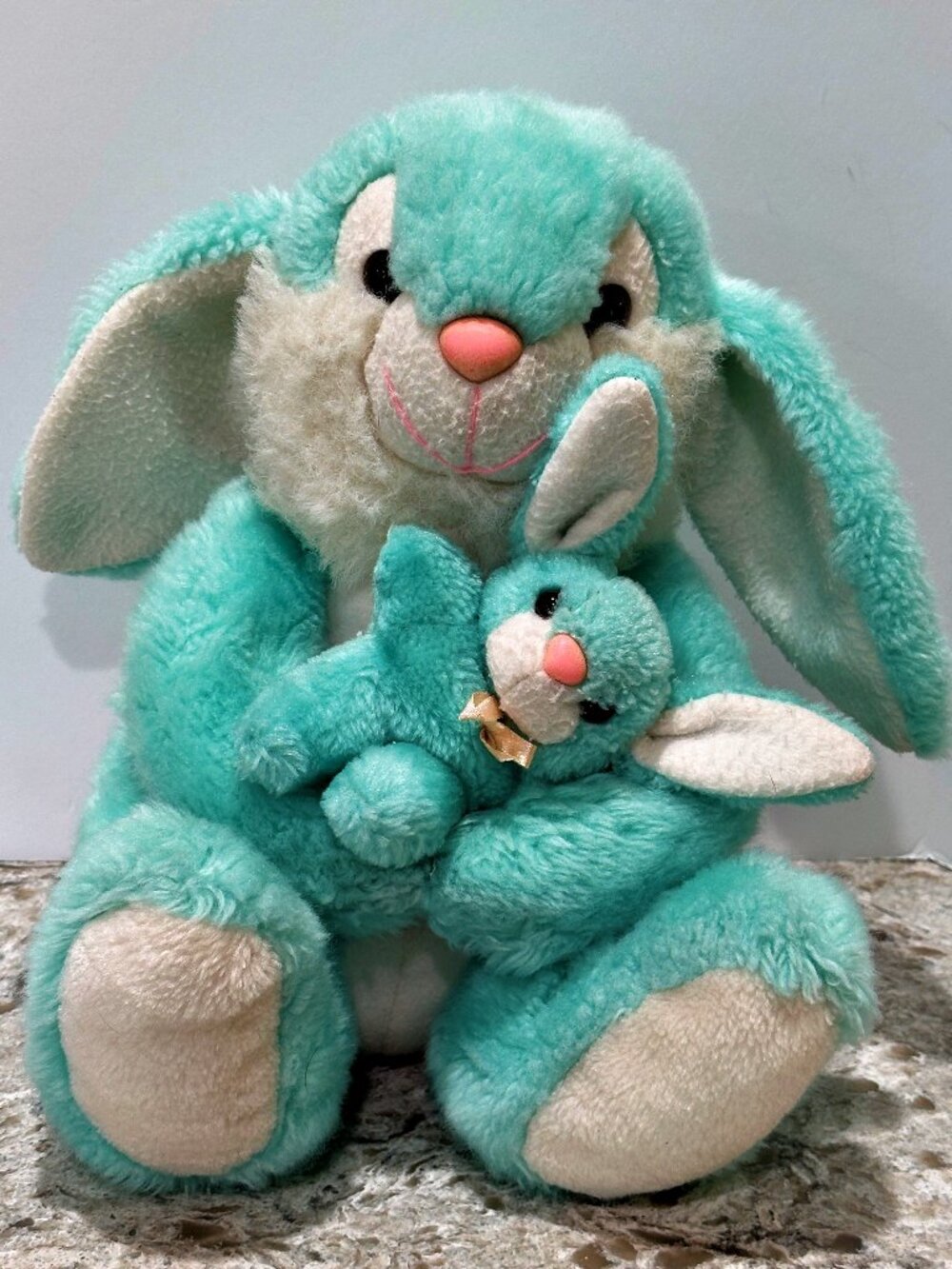 VTG Goffa PLUSH Mama Mother and Baby Easter Bunny Rabbit Mint Green White 11"